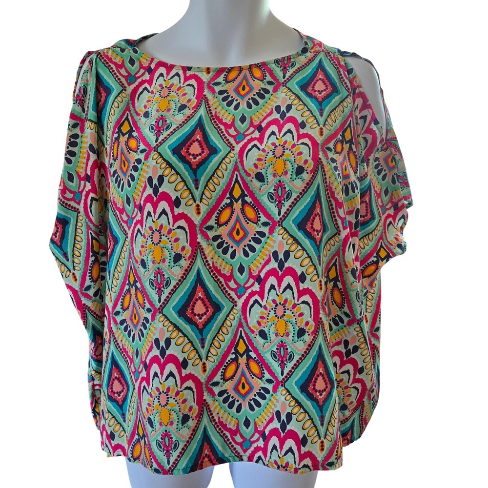 Lilly Pulitzer Womens Small 100% Silk Cold Shoulder Medallion Print Blouse Pink